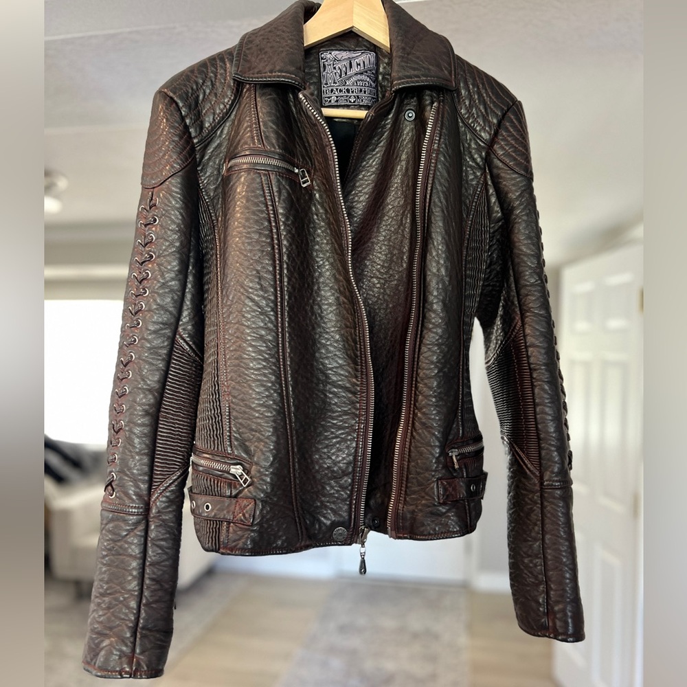 Affliction Womens Faux Leather Motorcycle Jacket Brown